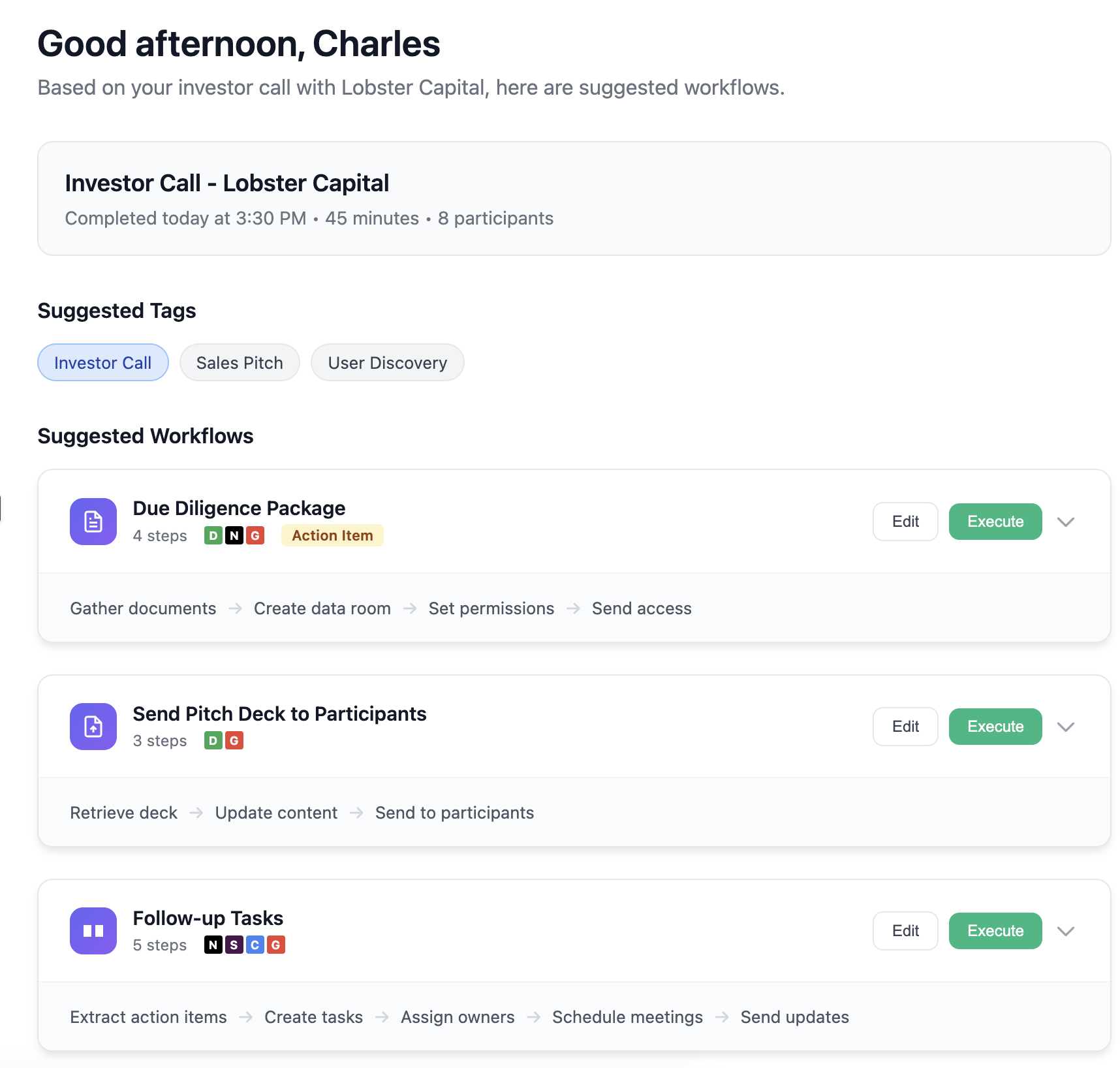 Forsyte automatically suggests relevant workflows based on meeting context